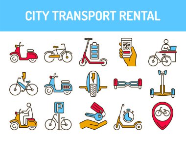Şehir taşımacılığı kiralama renk çizgisi simgeleri ayarlandı. Ekolojik araç: bisiklet, monowheel, gyrobord, gyroscooter, scooter. İnternet için piktogramlar, mobil uygulama, tanıtım. UI UX tasarım elemanı. Düzenlenebilir vuruş.