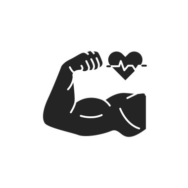 Güçlü kaslı erkeklerin el glifleri siyah ikon. Sağlık hizmetleri yaşam tarzı. Web sayfası, mobil uygulama, düğme, logo için imzala