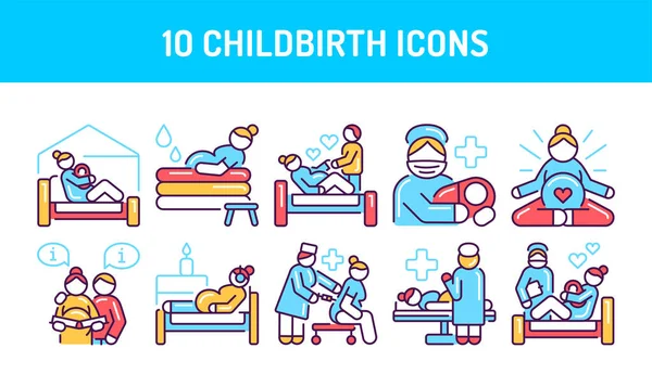 Childbirth Color Line Icons Set Pictograms Web Mobile App Promo — Stock Vector