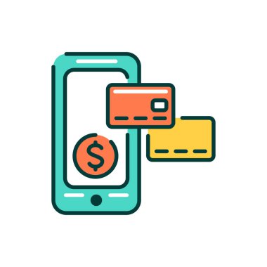 Akıllı telefon renk çizgisi simgesinde internet bankacılığı mobil uygulaması. Web sayfası için piktogram, mobil uygulama, tanıtım. UI UX GUI tasarım elemanı. Düzenlenebilir vuruş.