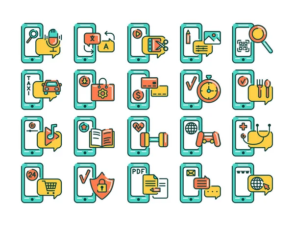 Application Mobile Dans Ensemble Des Icônes Ligne Couleur Smartphone Pictogrammes — Image vectorielle