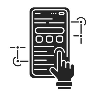 Uygulama geliştirme siyah sembol. Mobil cihazlar için mobil bir uygulamanın geliştirilme süreci. Web sayfası için piktogram, tanıtım. UI UX Arayüz tasarım ögesi