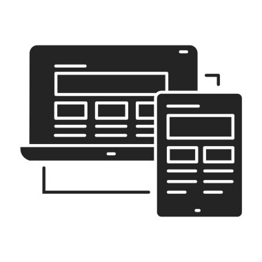 Tepki tasarımı siyah kabartma simgesi. Web sayfalarını çeşitli aygıt ve pencerelerde iyi gösteren web tasarımına yaklaşın. UI UX Arayüz tasarım ögesi.