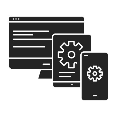 Çapraz platform uygulaması siyah simge simgesi. Çoklu mobil platformlarda kullanılabilen mobil uygulamaların geliştirilmesine atıfta bulunur. UI UX Arayüz tasarım ögesi.