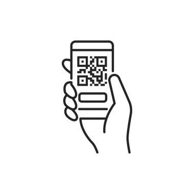 Mobil uygulama, akıllı telefon siyah çizgi simgesinde QR kod taraması. Şehir taşımacılığı. İnternet için piktogram, mobil uygulama, tanıtım. UI UX tasarım ögesi.