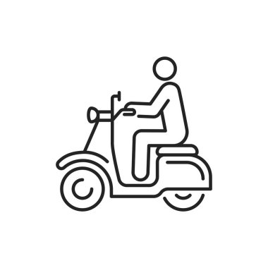 Scooter siyah çizgi ikonuna binen kişi. Şehir taşımacılığı. İnternet için piktogram, mobil uygulama, tanıtım. UI UX tasarım elemanı. Düzenlenebilir vuruş.