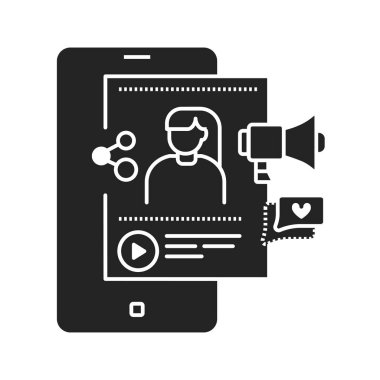 Blogcu siyah simge simgesi. Sosyal medya bilgisi işareti. Akıllı telefonda içerik terfisi. Web sayfası için piktogram, mobil uygulama, tanıtım. UI UX Arayüz tasarım ögesi