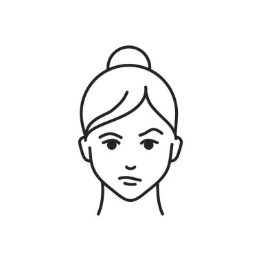 İnsan duyguları kafa karışıklığı çizgi siyah ikonu. Duygusal çizim elementini tasvir eden genç bir kızın yüzü. Beyaz arkaplanda sevimli bir karakter.