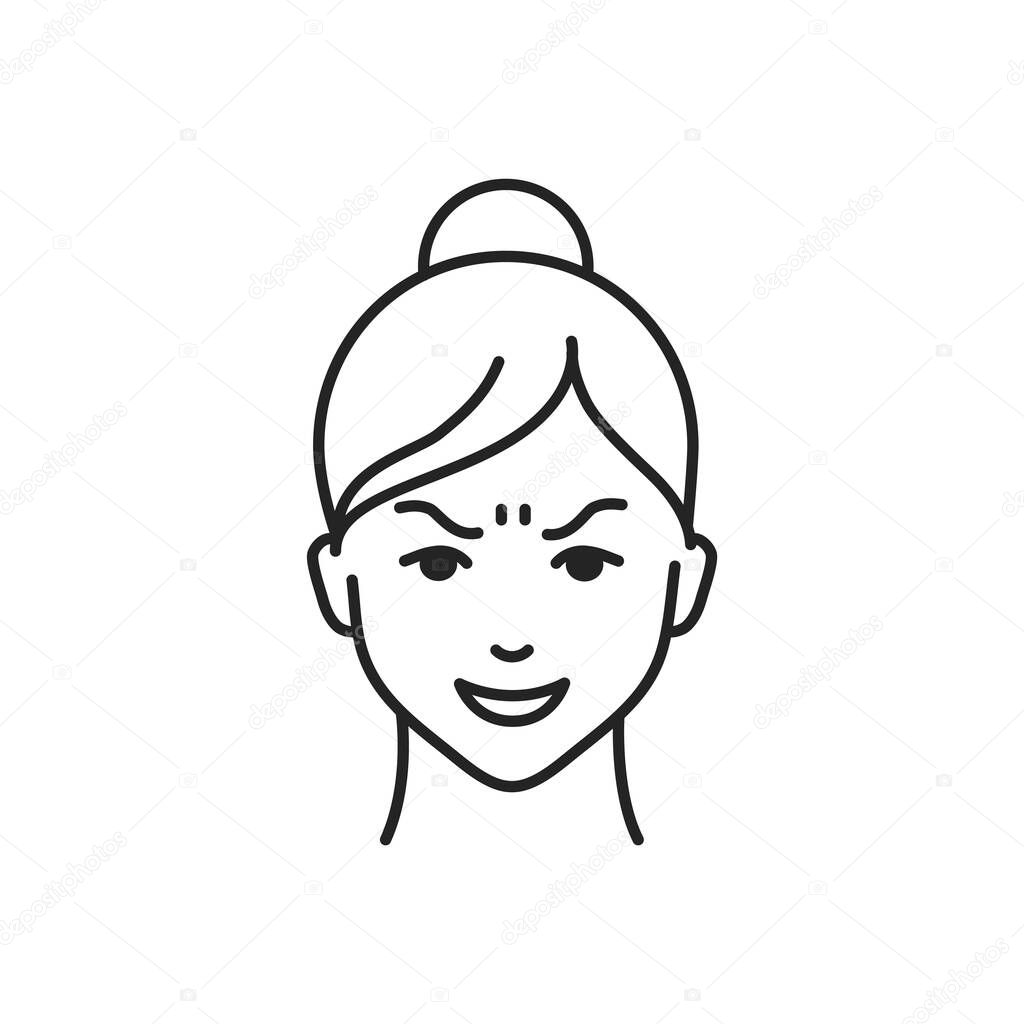 Human feeling gloat line black icon. Face of a young girl depicting emotion sketch element. Cute character on white background