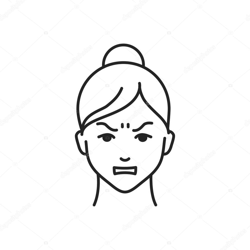 Human feeling hate line black icon. Face of a young girl depicting emotion sketch element. Cute character on white background