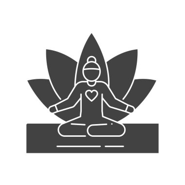 Yüzsüz kız oturmuş meditasyon yapıyor ve simge resmi çiziyor. Yoga pozu. Asana. Ev tatili. Vektör izole illüstrasyonu