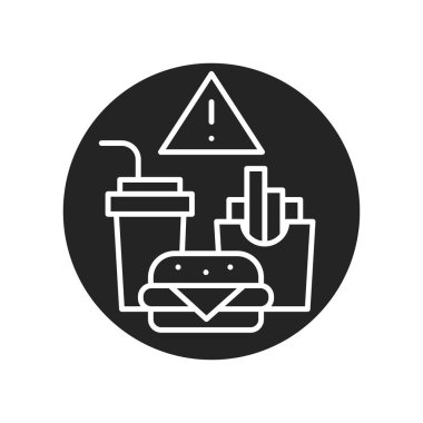 Dikkat, abur cubur, siyah sembol. Mide yolu hastalığına neden olur. Web sayfası, mobil uygulama, düğme, logo için imza. Vektör izole ögesi