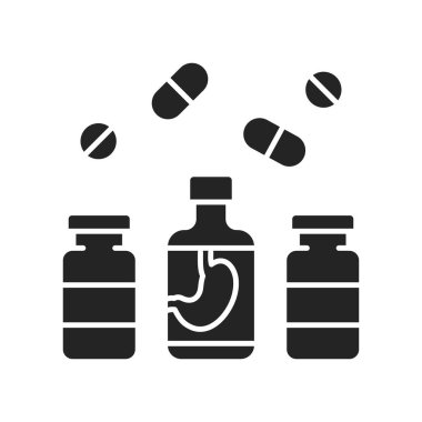 İlaç ürünleri siyah glyph simgesi. Sindirim sistemi hastalıkları. Web sayfası, mobil uygulama, düğme, logo için imzala