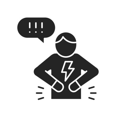 Midesinde şiddetli ağrısı olan bir adam. Siyah kabartma sembolü. Web sayfası, mobil uygulama, düğme, logo için imza. Vektör izole ögesi