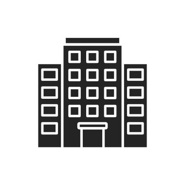 Çok katlı bina, siyah kabartma simgesi. Zeminden farklı katlarda birkaç katlı bir bina. Web sayfası için piktogram, mobil uygulama, tanıtım. UI UX Arayüz tasarım ögesi.