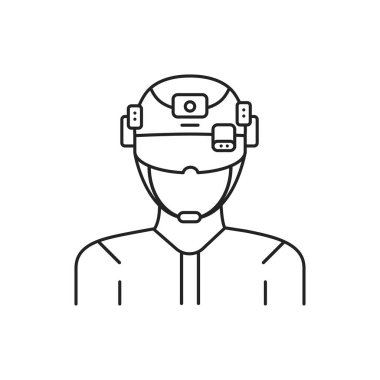 Askeri siyah çizgi ikonunda güçlendirilmiş gerçeklik. Video kasklı adam. Web sayfası için piktogram, mobil uygulama, tanıtım. UI UX GUI tasarım elemanı. Düzenlenebilir vuruş.