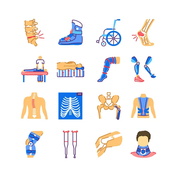 Orthopädie Flatcolor Icons Set Rehabilitation Nach Verletzungen Behandlung Des Bewegungsapparates — Stockvektor