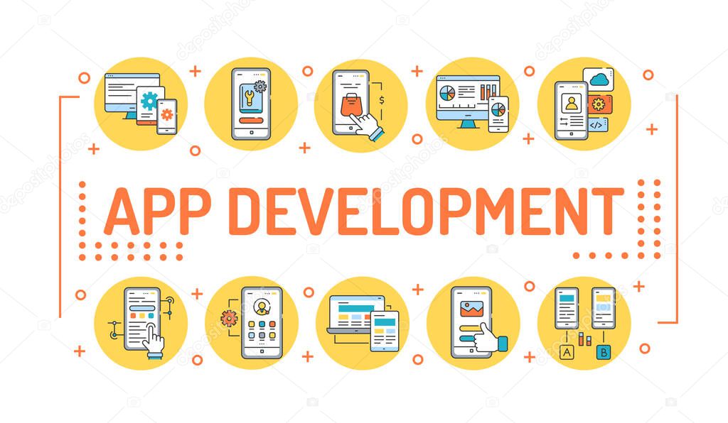 App development word lettering typography. Infographics with linear icons on white background. Creative idea concept. Isolated outline color illustration