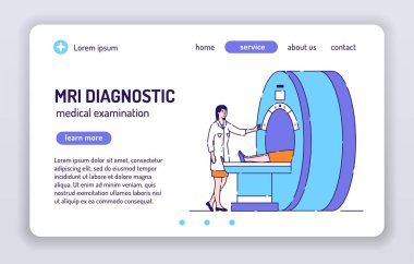 Hastanede MRI cihazı var. Bir hastalık için tıbbi muayene. Beyaz arkaplandaki izole çizgi film karakterleri. Web sayfası, sunum, smm, ad, site kavramı. UX Kullanıcı Arayüzü tasarımı