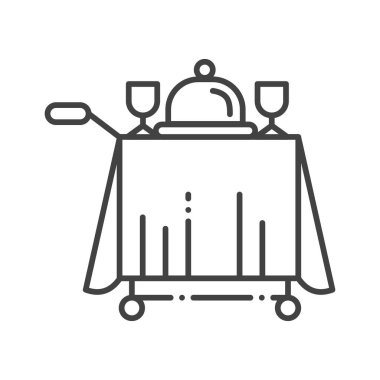 Yemek siyah çizgi ikonunda. Otel hizmetçisi hizmet sembolü. Kahvaltı, öğle yemeği, akşam yemeği. Otel konforu. Web sayfası için piktogram, mobil uygulama, tanıtım. UI UX GUI tasarım elemanı. Düzenlenebilir vuruş