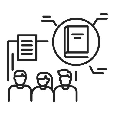 Eğitim programları siyah çizgi simgesi. Özel bir hoparlörü olan bir grup insan için özel olarak hazırlanmış bir eğitim programı. Web sayfası için piktogram, mobil uygulama, tanıtım. Düzenlenebilir vuruş