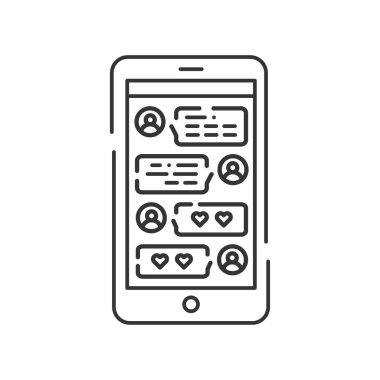 Akıllı telefon ekranı siyah çizgi simgesinde sohbet etmek. Çöpçatanlık sitesinde internet iletişimi. Web sayfasını imzala, mobil uygulama. UI UX GUI şablonu. Kullanıcı arayüzü görüntüsü.