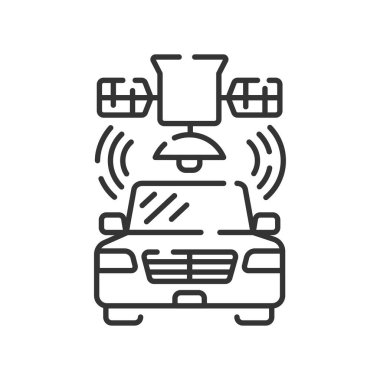 Araba konumu uydu navigasyon renk çizgisi simgesi ile takip ediliyor. Otomatik sürüş kavramı. Sürücüsüz otomobil bağlantısı. Web sayfası için piktogram, mobil uygulama. UI UX Arayüz tasarım ögesi.
