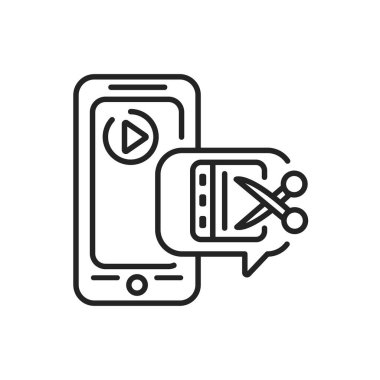 Akıllı telefon siyah çizgi simgesi içinde video düzenleyici mobil uygulama. Web sayfası için piktogram, mobil uygulama, tanıtım. UI UX GUI tasarım elemanı. Düzenlenebilir vuruş.