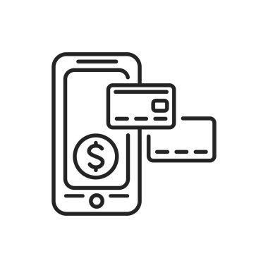 Akıllı telefon siyah çizgi simgesi ile internet bankacılığı mobil uygulaması. Web sayfası için piktogram, mobil uygulama, tanıtım. UI UX GUI tasarım elemanı. Düzenlenebilir vuruş.