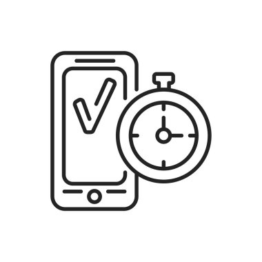 Akıllı telefon siyah çizgi simgesinde zaman izleyici mobil uygulaması. Web sayfası için piktogram, mobil uygulama, tanıtım. UI UX GUI tasarım elemanı. Düzenlenebilir vuruş