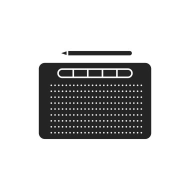 Siyah kabartma simgesi çizmek için tablet. Bir kullanıcının özel kalem benzeri bir stil ile resimleri elle çizmesini sağlayan aygıt. Web sayfası için piktogram, mobil uygulama, tanıtım. UI UX Arayüz tasarım ögesi.