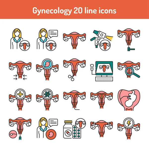Ginecología icono de la línea de color. Control médico del sistema reproductivo femenino. Pictograma para página web, aplicación móvil — Vector de stock