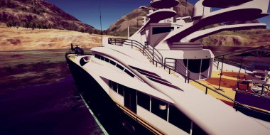 Bir tropcial adada son derece detaylı ve realistc yüksek çözünürlüklü 3D Illustration lüks bir süper yat