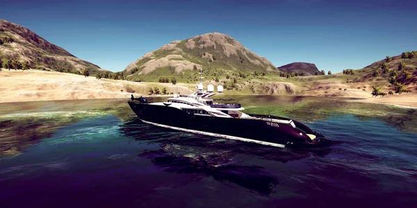 Illustration 3D haute résolution extrêmement détaillée et réalistc d'un Super Yacht de luxe sur une île tropicale — Photo