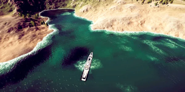 Illustrazione 3D ad alta risoluzione estremamente dettagliata e realistica di un Super Yacht di lusso su un'isola tropicale — Foto Stock