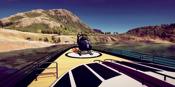 Illustrazione 3D ad alta risoluzione estremamente dettagliata e realistica di un Super Yacht di lusso su un'isola tropicale — Foto Stock