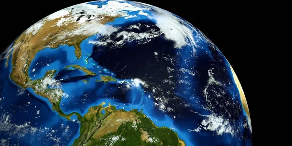 Zeer gedetailleerde en realistische hoge resolutie 3D illustratie van een orkaan aan de Atlantische zee. Geschoten vanuit de ruimte. Elementen van dit beeld zijn ingericht door NASA. — Stockfoto