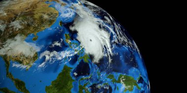 Son derece detaylı ve realistik yüksek çözünürlüklü 3D Illustration The Filipinli Mangkhut yaklaşıyor. Uzay 'dan vuruldu. Bu görüntünün elemanları NASA tarafından döşenmiştir.