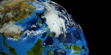 Son derece detaylı ve realistik yüksek çözünürlüklü 3D Illustration The Filipinli Mangkhut yaklaşıyor. Uzay 'dan vuruldu. Bu görüntünün elemanları NASA tarafından döşenmiştir.