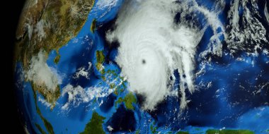 Son derece detaylı ve realistik yüksek çözünürlüklü 3D Illustration The Filipinli Mangkhut yaklaşıyor. Uzay 'dan vuruldu. Bu görüntünün elemanları NASA tarafından döşenmiştir.