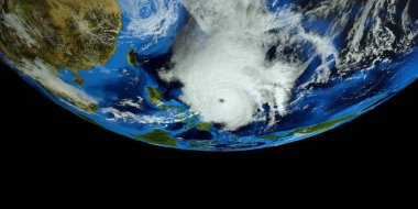 Son derece detaylı ve realistik yüksek çözünürlüklü 3D Illustration The Filipinli Mangkhut yaklaşıyor. Uzay 'dan vuruldu. Bu görüntünün elemanları NASA tarafından döşenmiştir.