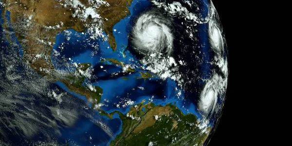 ABD 'ye yaklaşan 3 kasırgaların son derece detaylı ve gerçekçi yüksek çözünürlüklü 3D Illustration. Uzay 'dan vuruldu. Bu görüntünün elemanları NASA tarafından döşenmiştir.