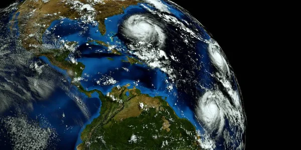 Niezwykle szczegółowa i realistyczna ilustracja 3D o wysokiej rozdzielczości 3 huragany zbliża się do USA. Strzał z kosmosu. Elementy tego obrazu są dostarczone przez NASA. — Zdjęcie stockowe
