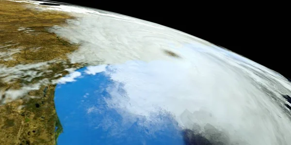 ノースカロライナ州を襲ったハリケーンの非常に詳細で現実的な高解像度3Dイラスト。宇宙から撮影。この画像の要素は、NASAによって供給されています. — ストック写真