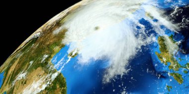 Son derece detaylı ve gerçekçi yüksek çözünürlüklü 3D Illustration bir Typhoon Çin 'e vurdu. Uzay 'dan vuruldu. Bu görüntünün elemanları NASA tarafından döşenmiştir.