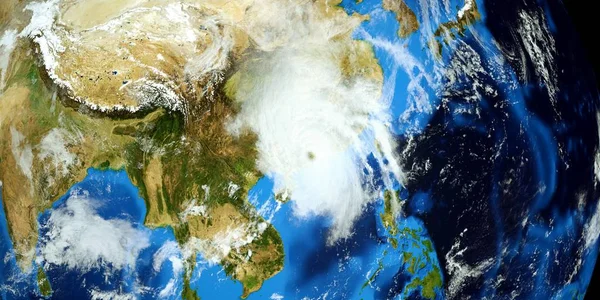 Son derece detaylı ve gerçekçi yüksek çözünürlüklü 3D Illustration bir Typhoon Çin 'e vurdu. Uzay 'dan vuruldu. Bu görüntünün elemanları NASA tarafından döşenmiştir.