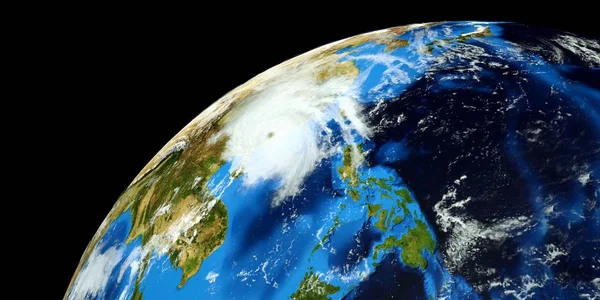 Uiterst gedetailleerde en realistische hoge resolutie 3D illustratie van een tyfoon die vasteland China raakt. Geschoten vanuit de ruimte. Elementen van dit beeld zijn ingericht door NASA. — Stockfoto