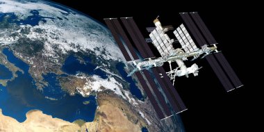 Dünya yörüngiden Uluslararası Uzay Istasyonu ISS son derece detaylı ve gerçekçi yüksek çözünürlüklü 3D Illustration. Uzay 'dan vuruldu. Bu görüntünün elemanları NASA tarafından döşenmiştir.