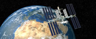 Dünya yörüngiden Uluslararası Uzay Istasyonu ISS son derece detaylı ve gerçekçi yüksek çözünürlüklü 3D Illustration. Uzay 'dan vuruldu. Bu görüntünün elemanları NASA tarafından döşenmiştir.