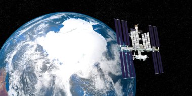 Dünya yörüngiden Uluslararası Uzay Istasyonu ISS son derece detaylı ve gerçekçi yüksek çözünürlüklü 3D Illustration. Uzay 'dan vuruldu. Bu görüntünün elemanları NASA tarafından döşenmiştir.